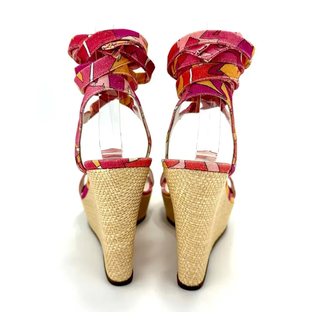 Emilio Pucci Vintage Y2K Wedge Sandal Size 10/40 Pink Multicolor Designer Italy